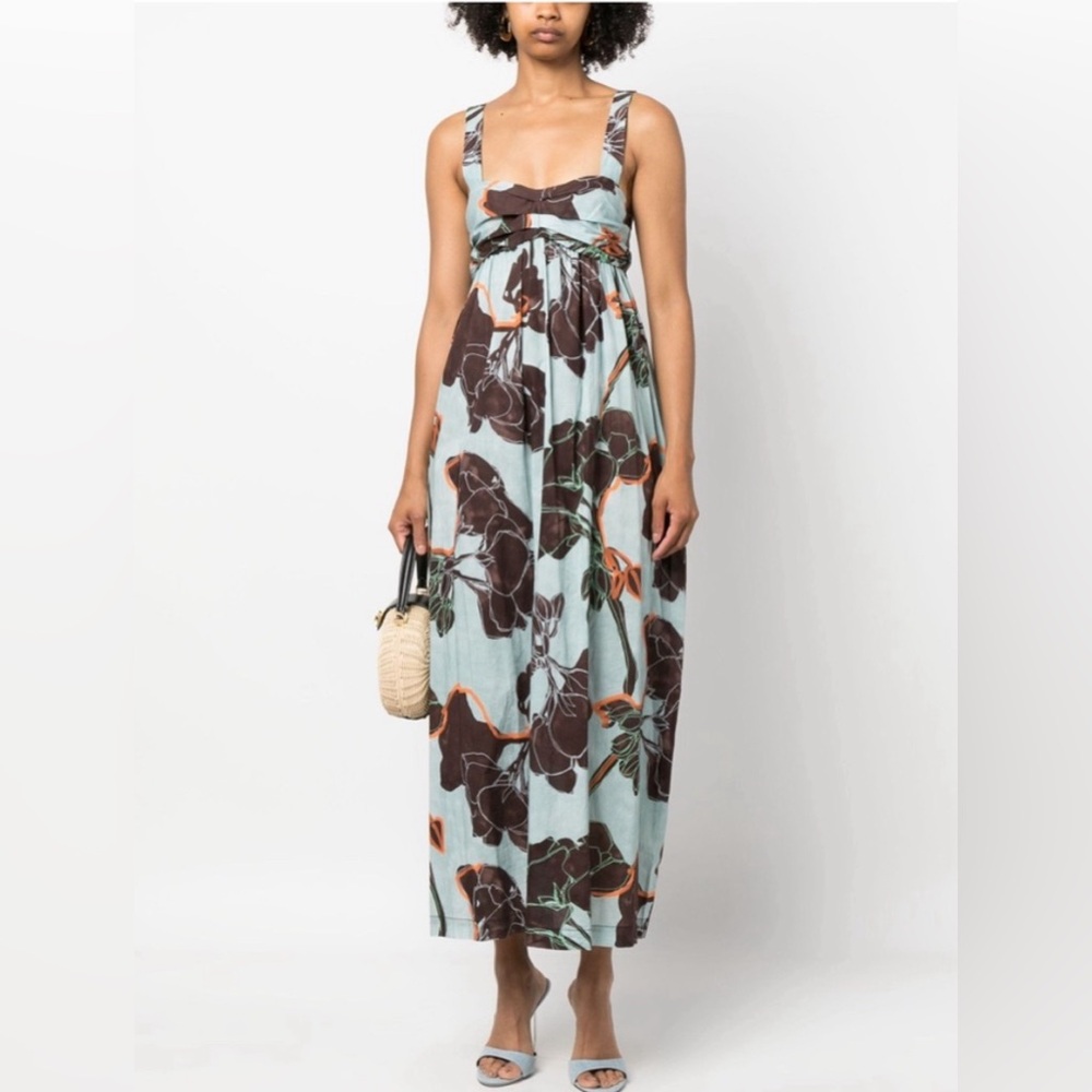 Light Blue Floral Maxi Dress with Brown Print